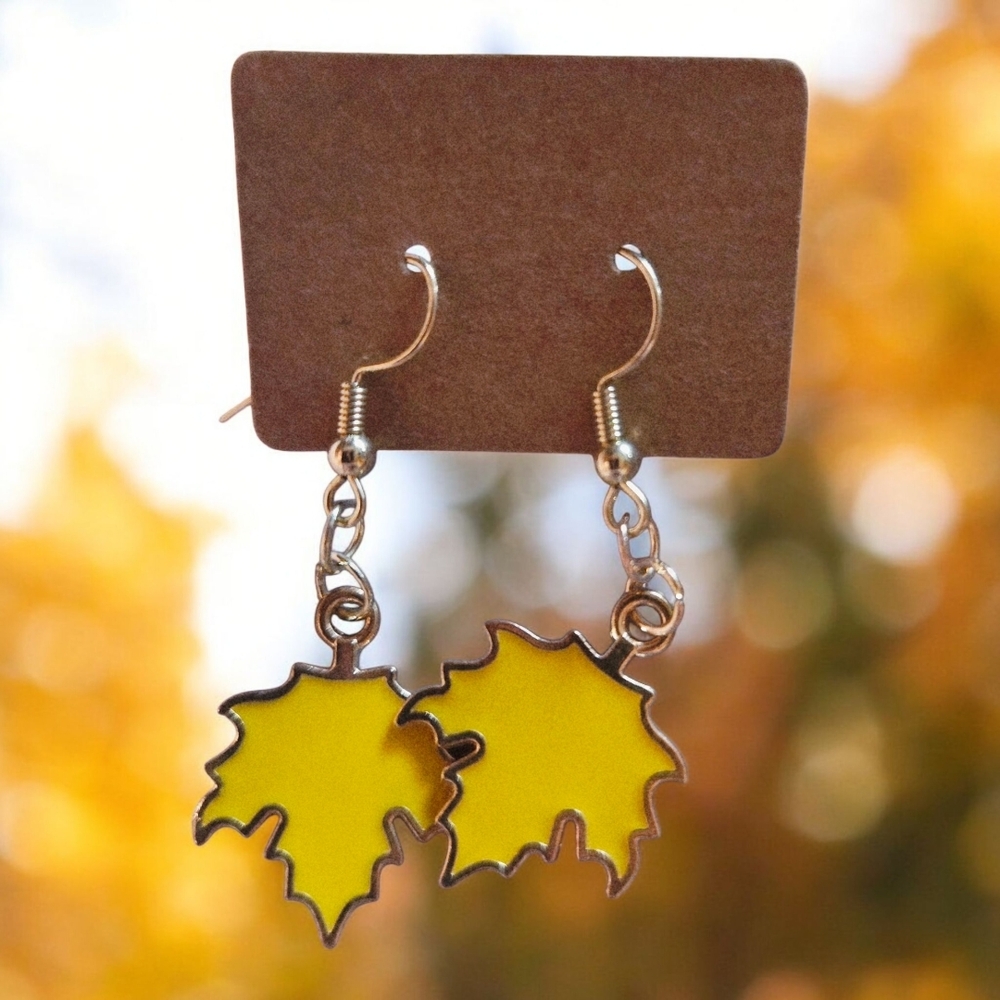 Handmade Enamel Yellow Maple Leaf Dangle Earrings Fall Autumn - New